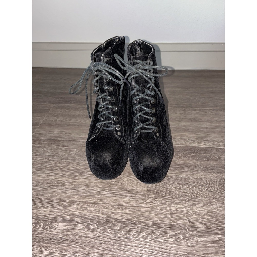 Black Velvet Lace Up Ankle Boots Heeled Witchy Goth Chunky Heel Size 7